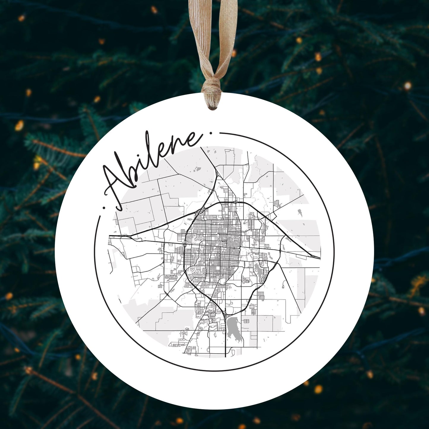 Minimalist B&W Texas Abilene Circle Map | Wood Ornament | Eaches | Min 1