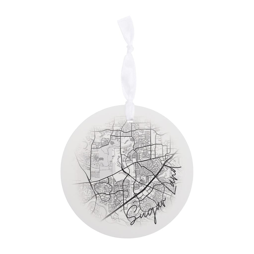 Minimalistic B&W Texas Sugarland Circle Map | Wood Ornament | Eaches | Min 6