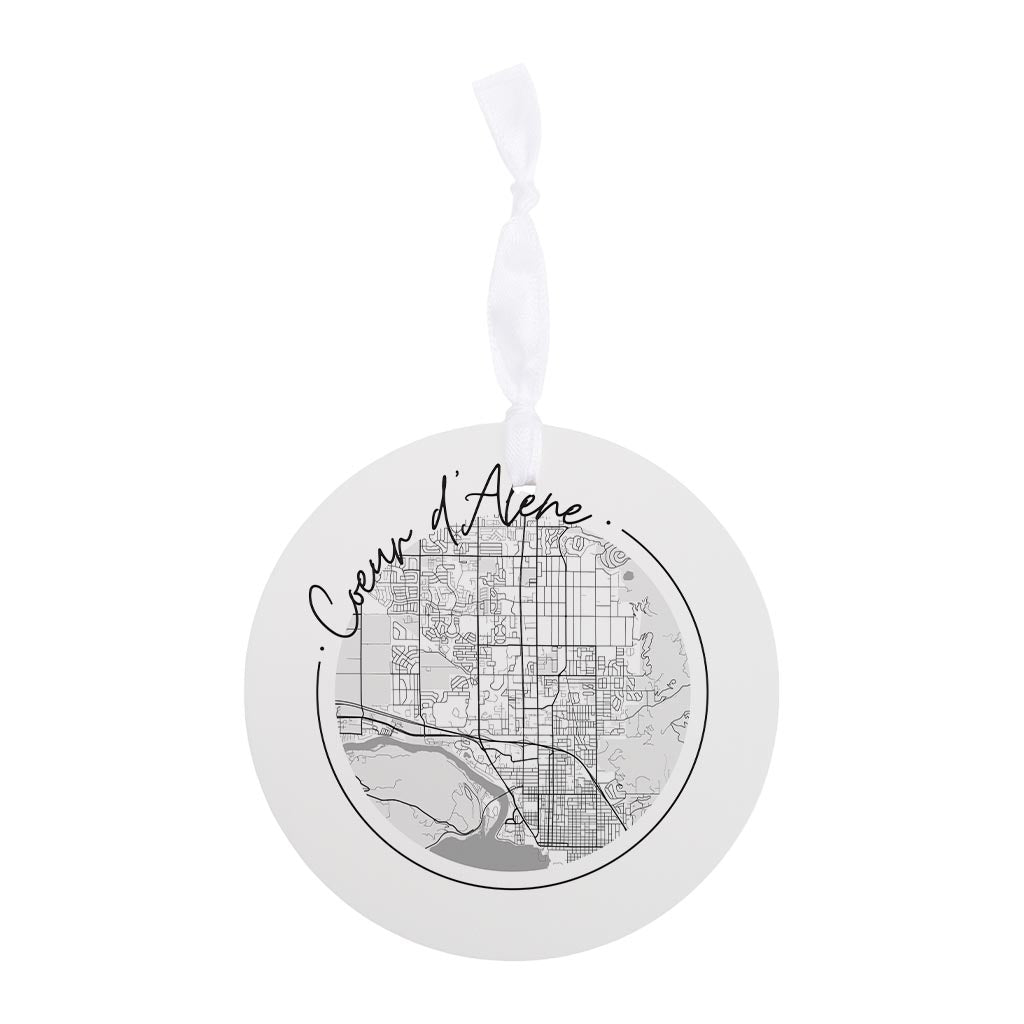 Minimalist B&W Idaho Coeur Dalene Circle Map | Wood Ornament | Eaches | Min 6