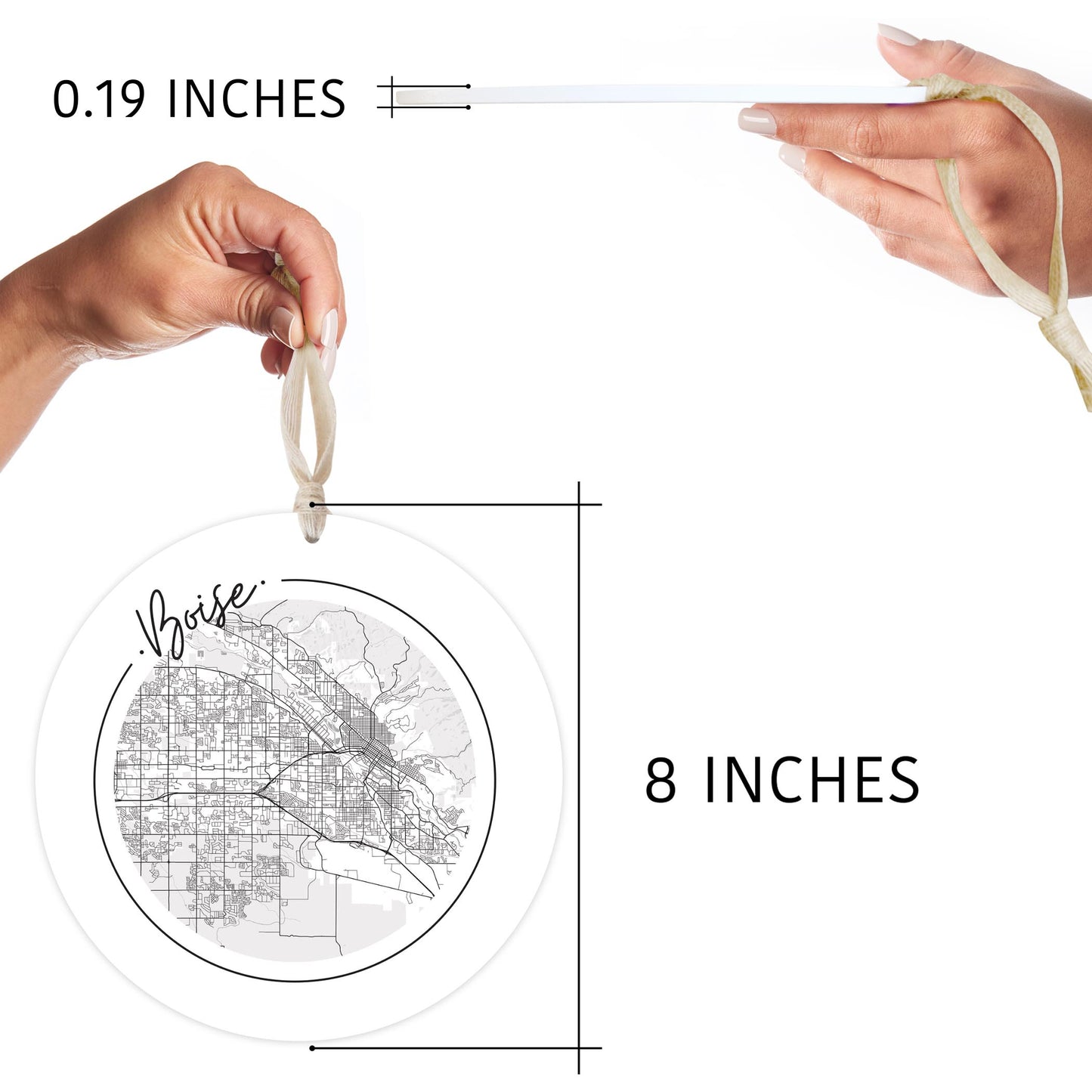 Minimalist B&W Idaho Boise Circle Map | Wood Ornament | Eaches | Min 1