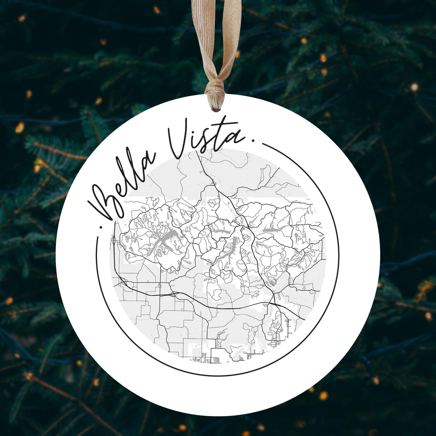 Minimalist B&W Arkansas Bella Vista Circle Map | Wood Ornament | Eaches | Min 1