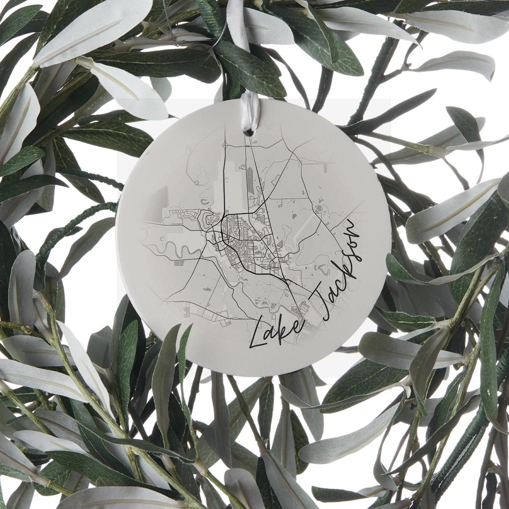 Minimalistic B&W Texas Lake Jackson Circle Map | Wood Ornament | Eaches | Min 6