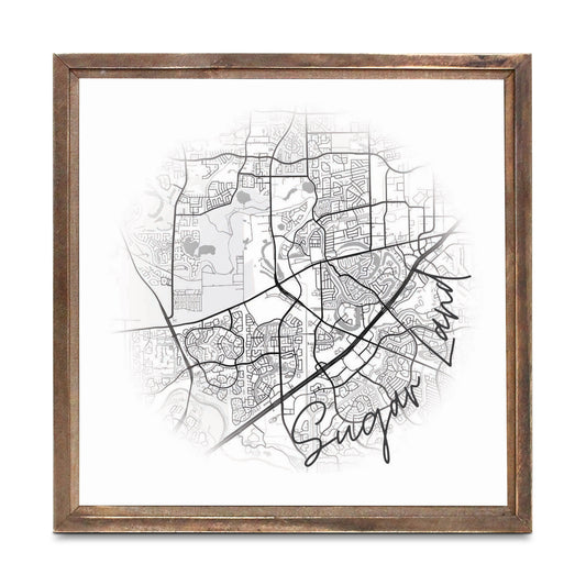 Minimalistic B&W Texas Sugarland Circle Map | Wood Sign | Eaches | Min 1