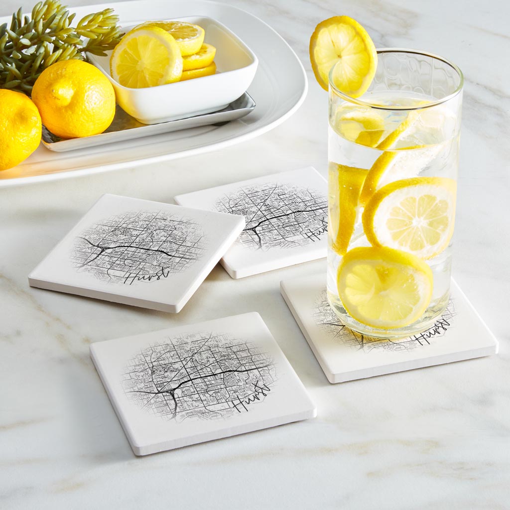 Minimalistic B&W Texas Hurst Circle Map | Absorbent Coasters | Set of 4 | Min 2