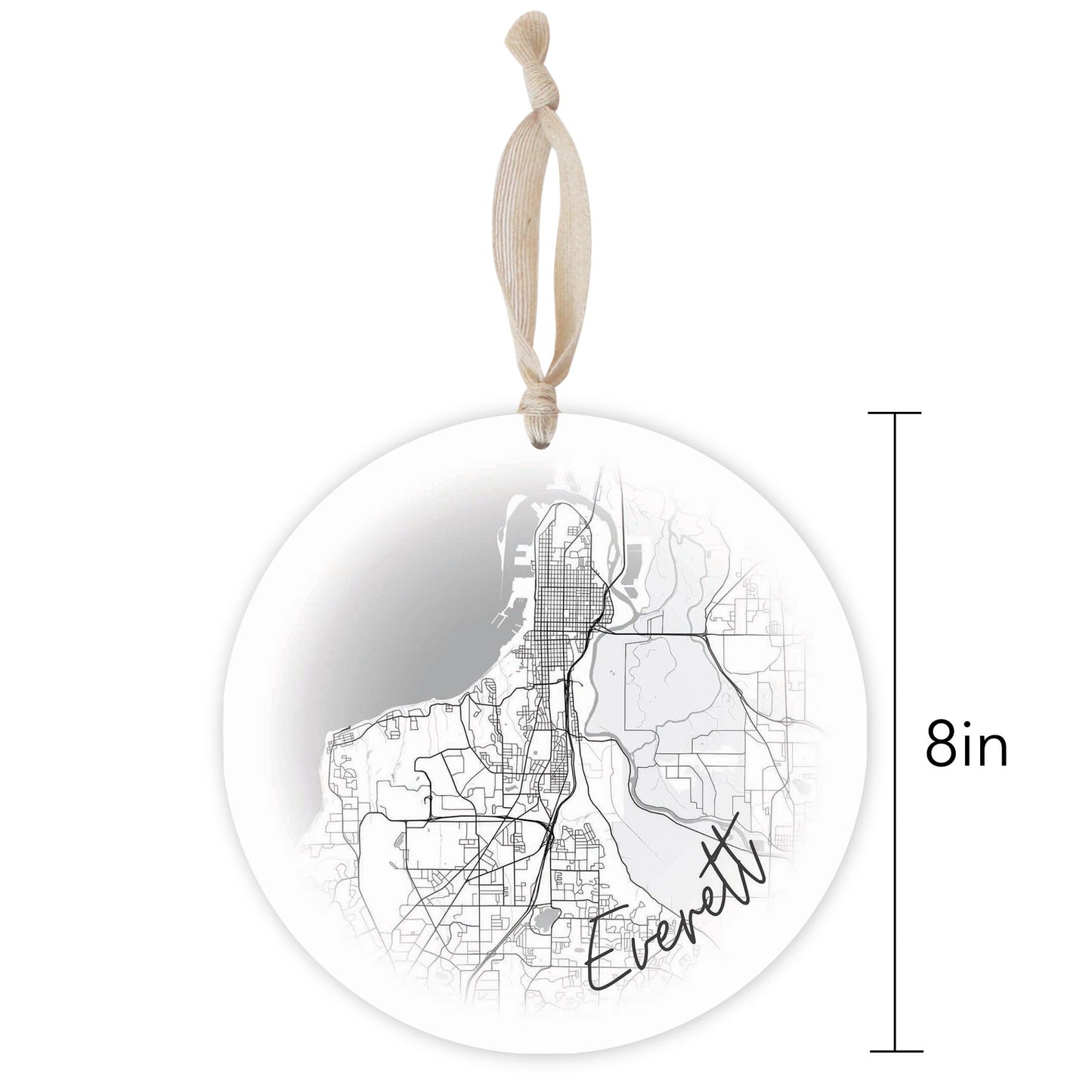 Minimalistic B&W Washington Everett Circle Map | Wood Ornament | Eaches | Min 1