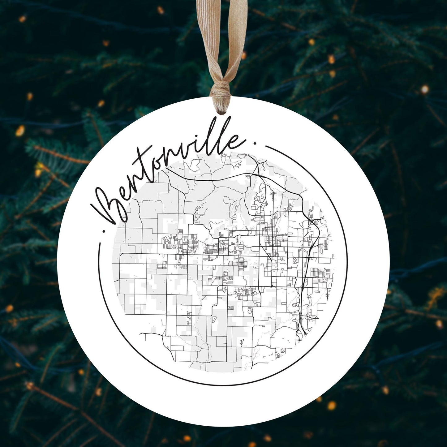 Minimalist B&W Arkansas Bentonville Circle Map | Wood Ornament | Eaches | Min 1