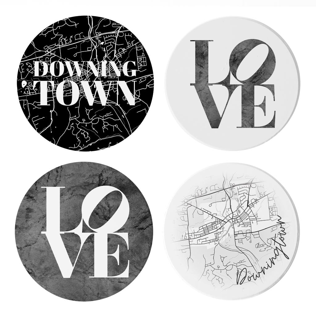 Minimalistic B&W Pennsylvania Downingtown Maps Love | Absorbent Coasters | Set of 4 | Min 2