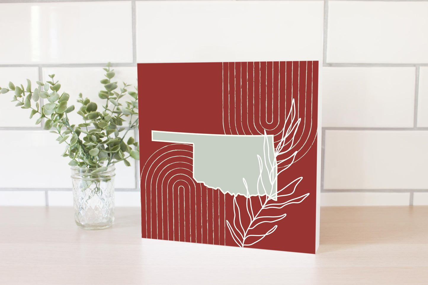 Modern Minimalist Oklahoma State Shape With Leaf | Wood Block | Eaches | Min 2