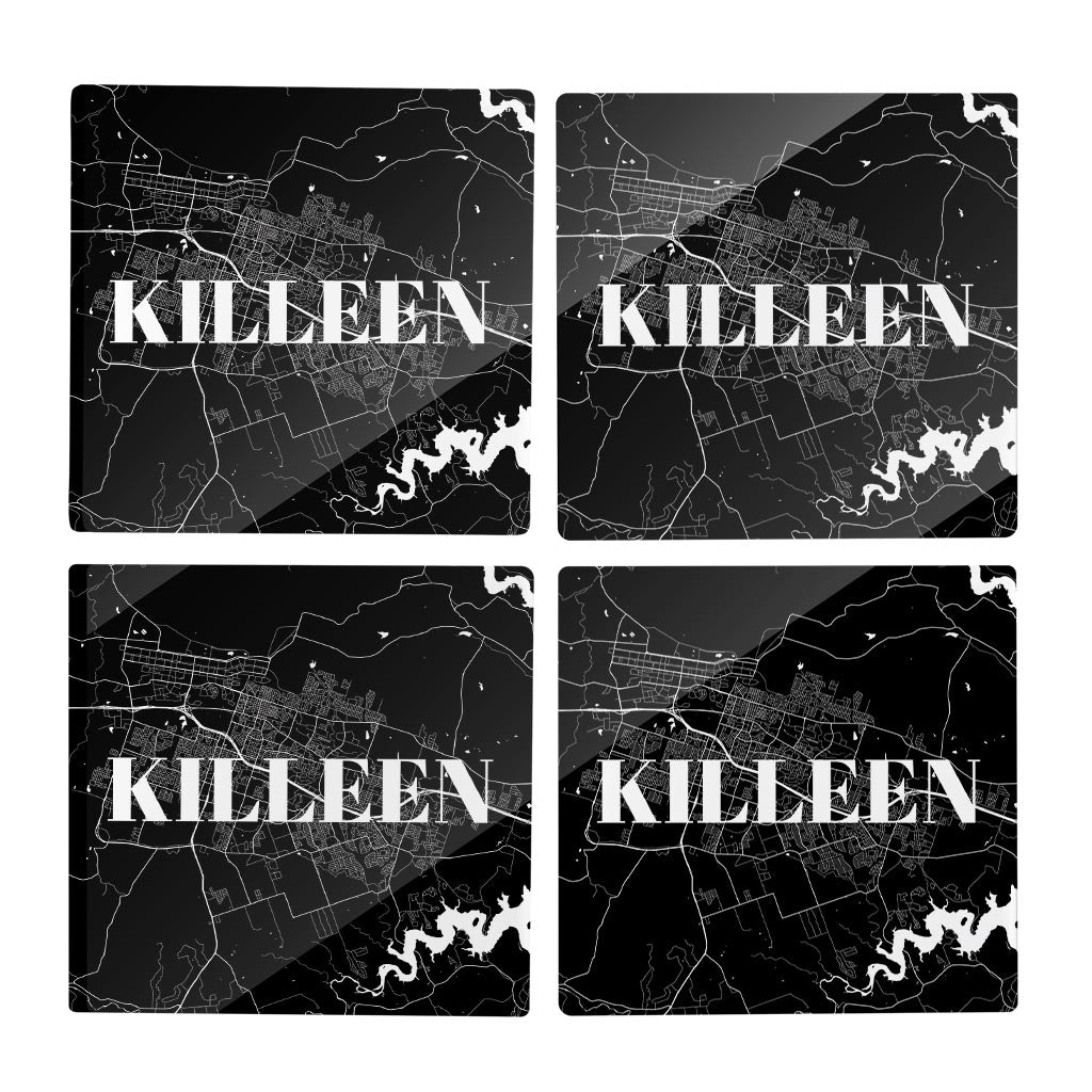 Minimalistic B&W Texas Killeen Map | Hi-Def Glass Coasters | Set of 4 | Min 2
