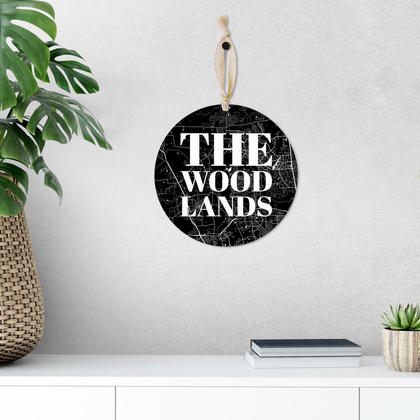 Minimalistic B&W Texas The Woodlands Map | Wood Ornament | Eaches | Min 1