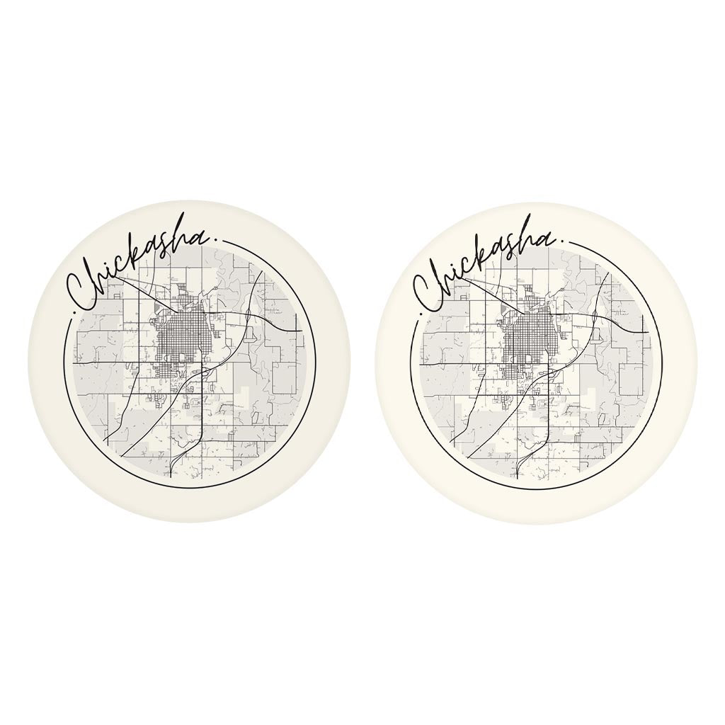 Modern Minimalist Oklahoma Chickasha Map | Absorbent Car Coasters | Set of 2 | Min 4