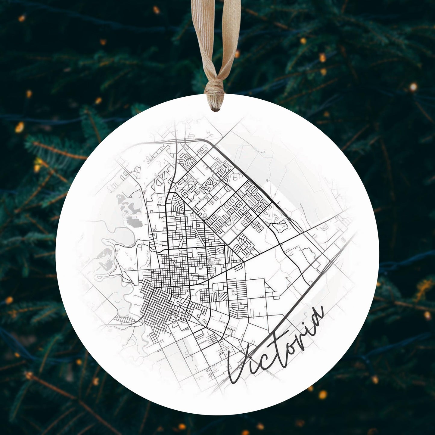 Minimalistic B&W Texas Victoria Circle Map | Wood Ornament | Eaches | Min 1