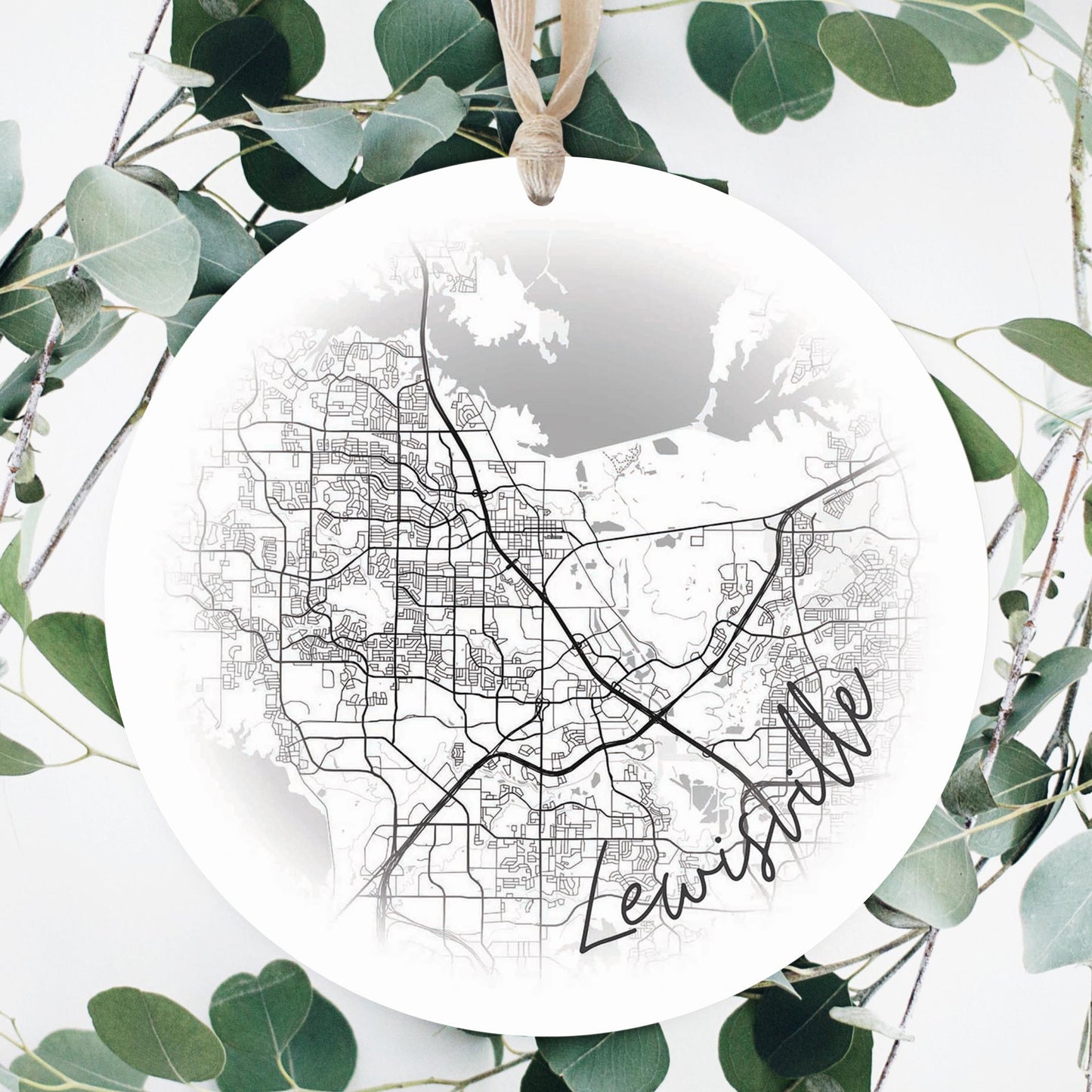 Minimalistic B&W Texas Lewisville Circle Map | Wood Ornament | Eaches | Min 1