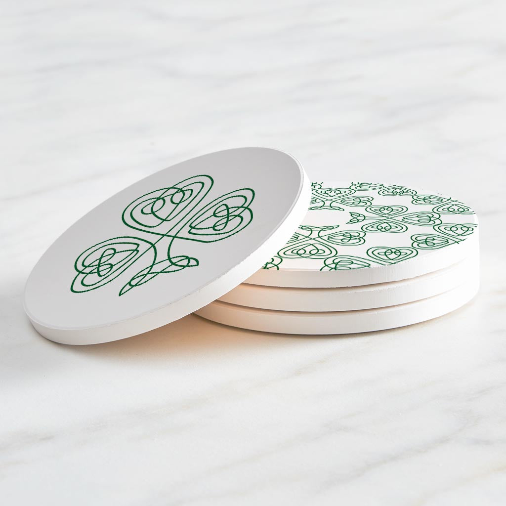 White Green Shamrock Pattern Shape | Absorbent Coasters | Set of 4 | Min 2