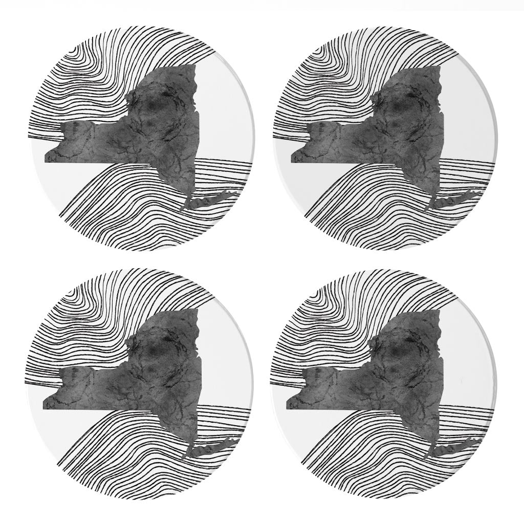 Minimalistic B&W New York State With Fluid Lines | Absorbent Coasters | Set of 4 | Min 2