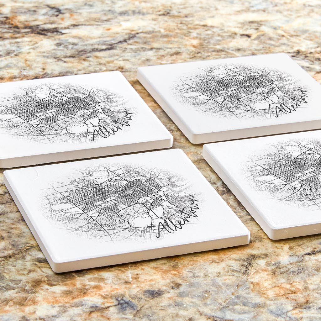 Minimalistic B&W Pennsylvania Allentown Circle Map | Absorbent Coasters | Set of 4 | Min 2