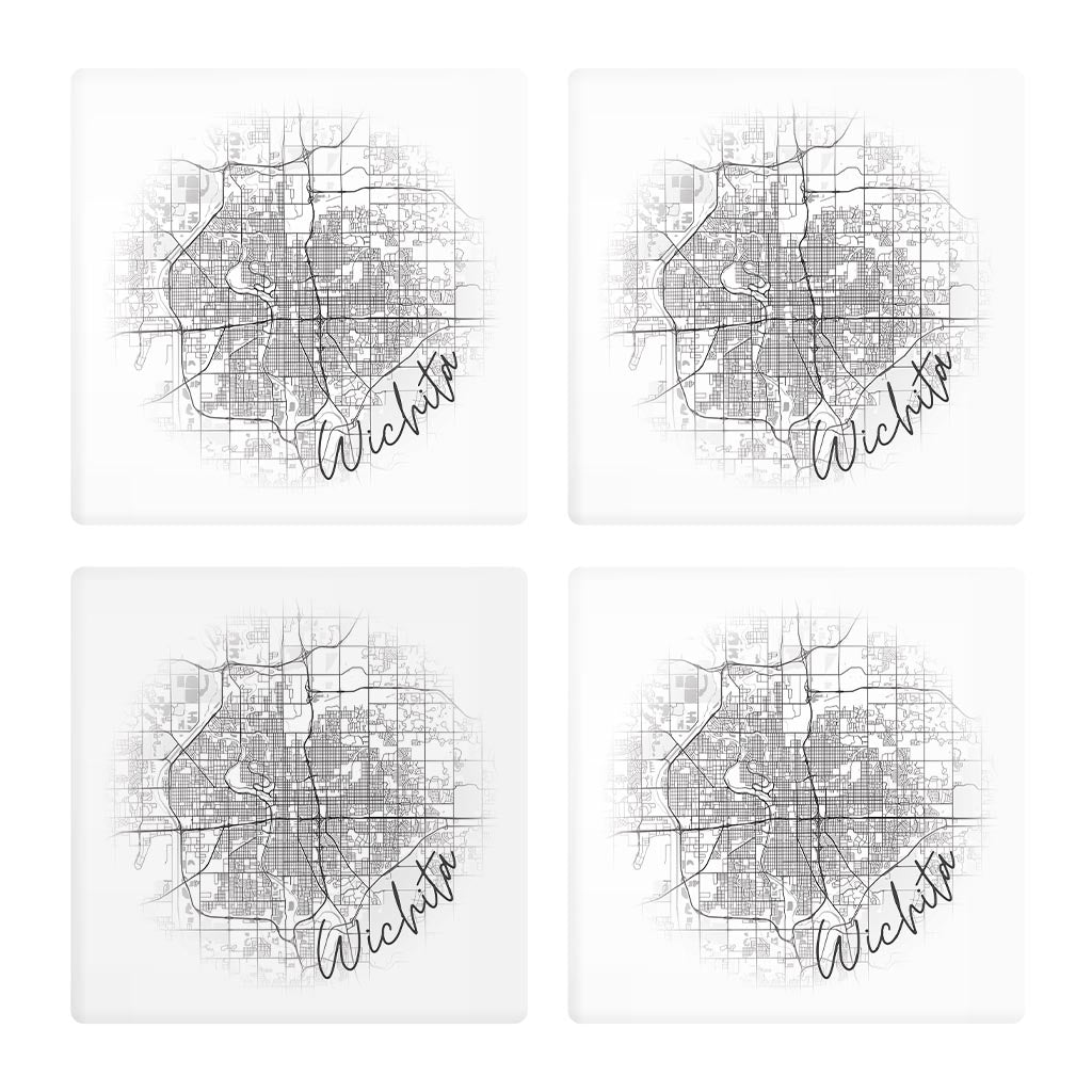 Minimalistic B&W Kansas Wichita Circle Map | Absorbent Coasters | Set of 4 | Min 2