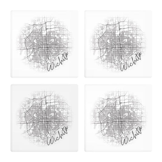 Minimalistic B&W Kansas Wichita Circle Map | Absorbent Coasters | Set of 4 | Min 2