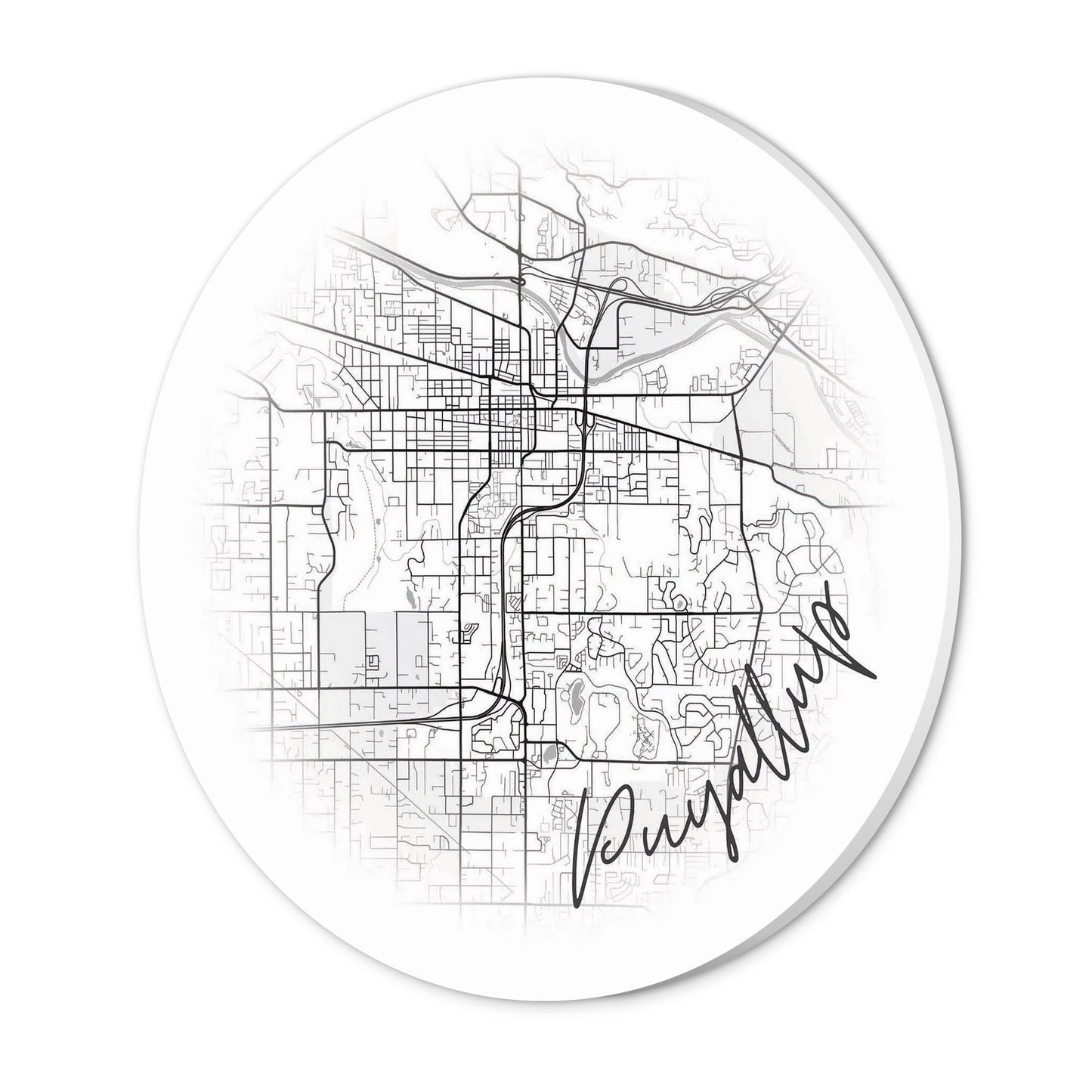 Minimalistic B&W Washington Puyallup Circle Map | Wood Sign | Eaches | Min 1