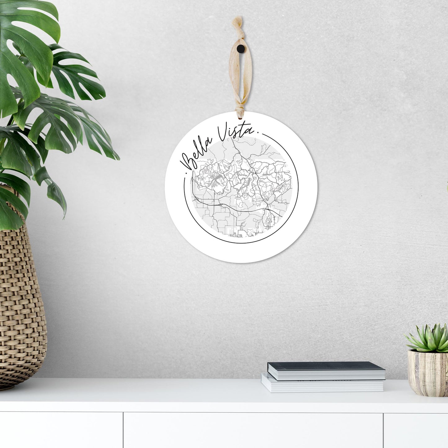 Minimalist B&W Arkansas Bella Vista Circle Map | Wood Ornament | Eaches | Min 1