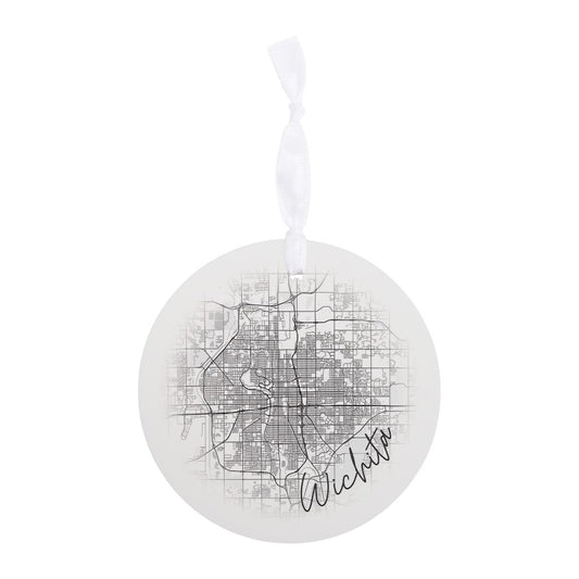 Minimalistic B&W Kansas Wichita Circle Map | Wood Ornament | Eaches | Min 6