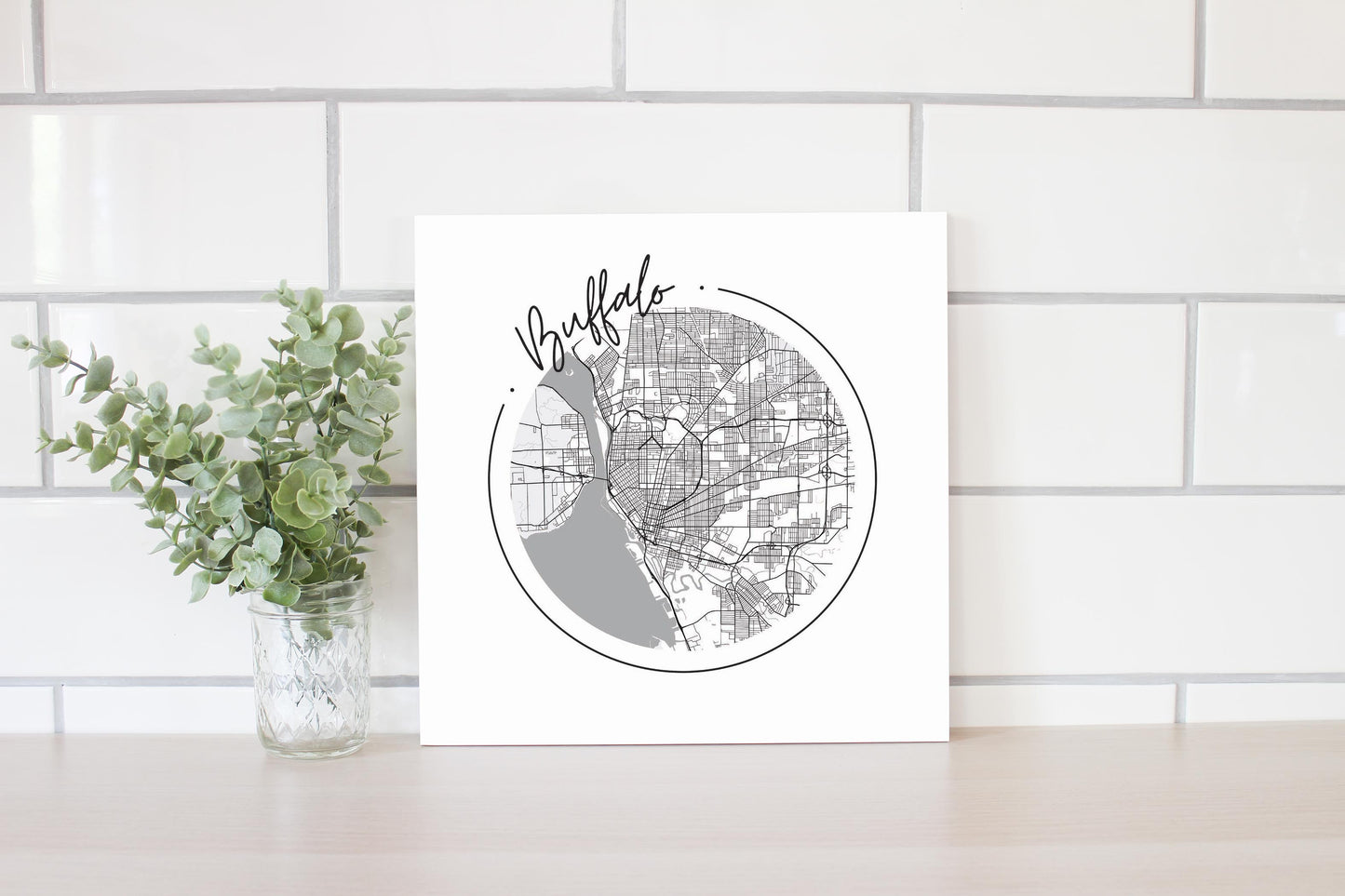 Minimalistic B&W New York Buffalo Circle Map | Wood Sign | Eaches | Min 2