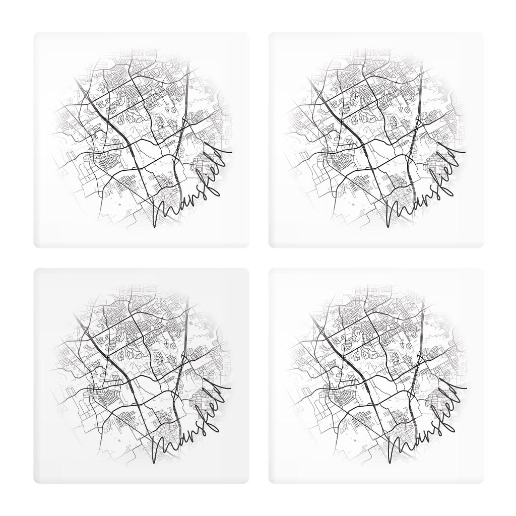 Minimalistic B&W Texas Mansfield Circle Map | Absorbent Coasters | Set of 4 | Min 2