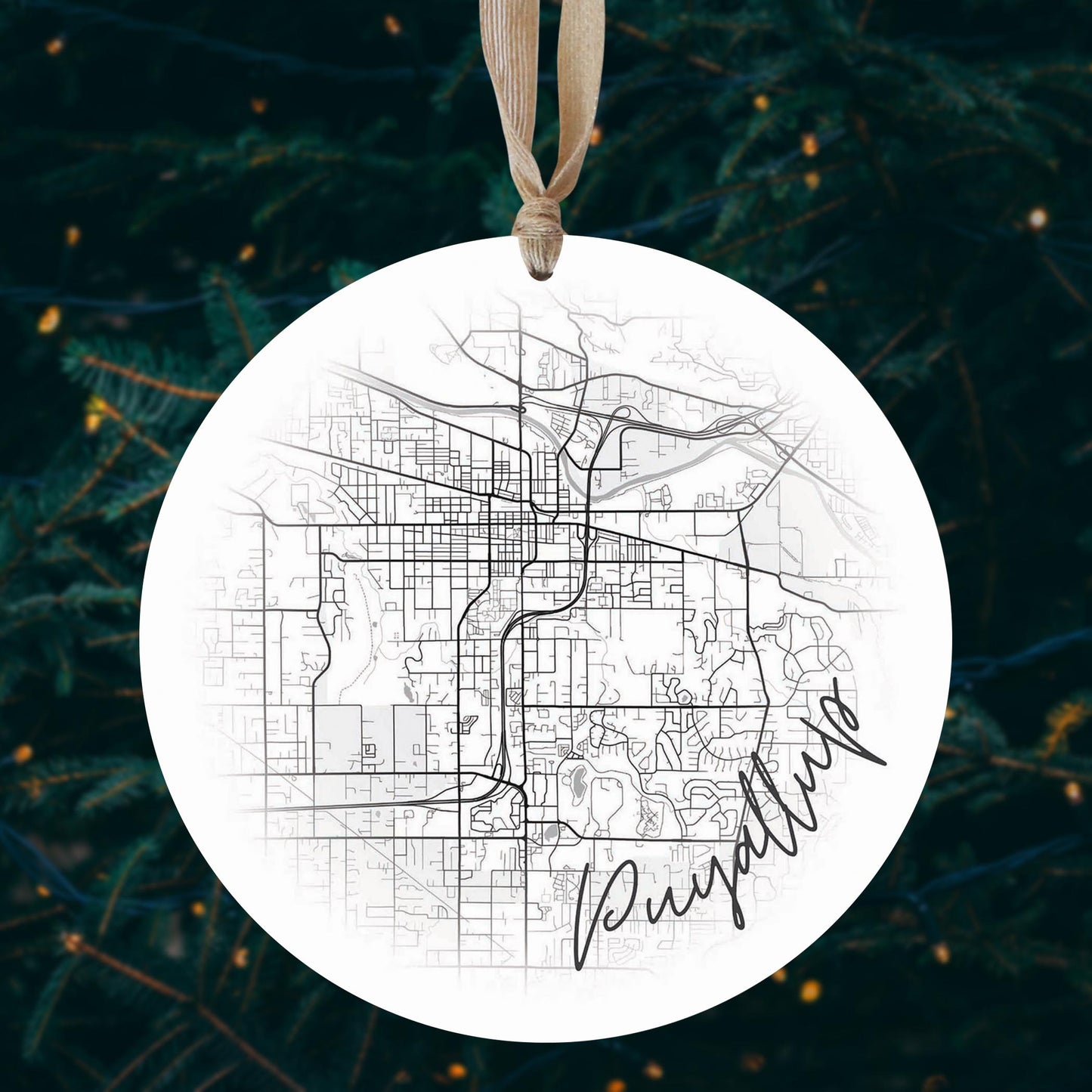 Minimalistic B&W Washington Puyallup Circle Map | Wood Ornament | Eaches | Min 1