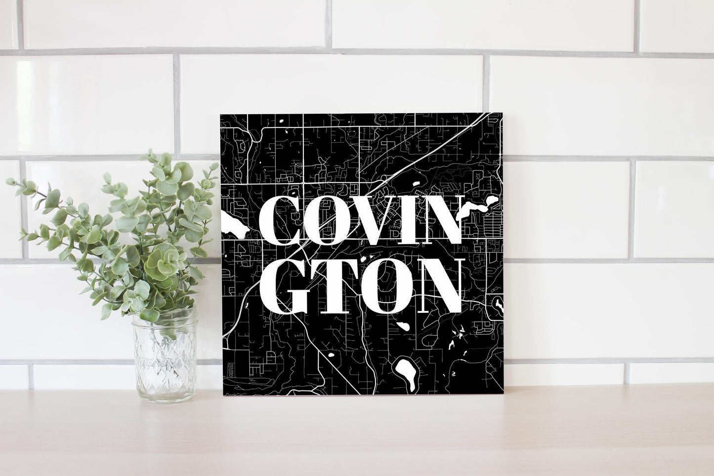 Minimalistic B&W Washington Covington Map | Wood Sign | Eaches | Min 2