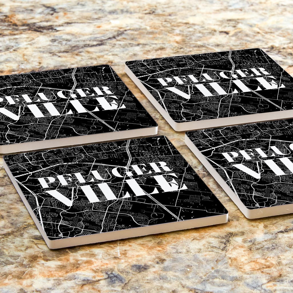 Minimalistic B&W Texas Pflugerville Map | Absorbent Coasters | Set of 4 | Min 2