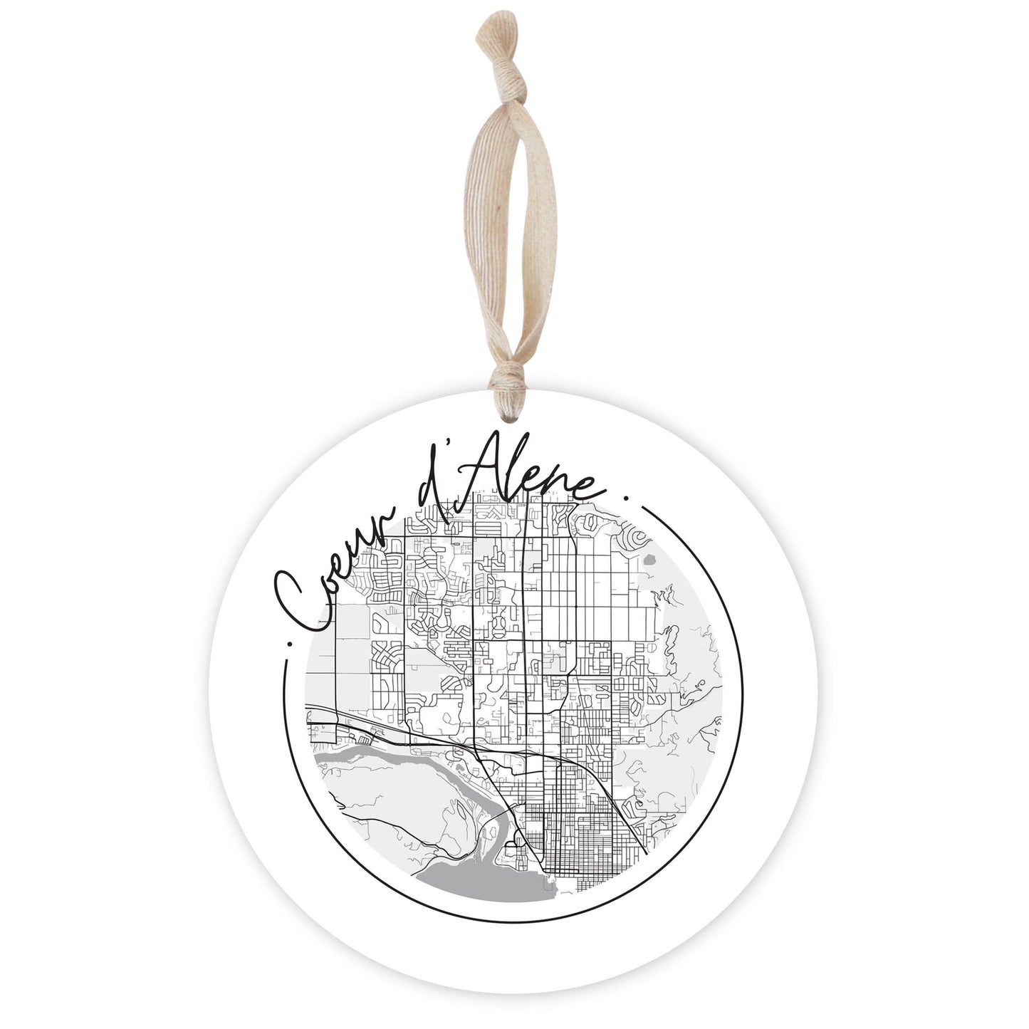 Minimalist B&W Idaho Coeur Dalene Circle Map | Wood Ornament | Eaches | Min 1