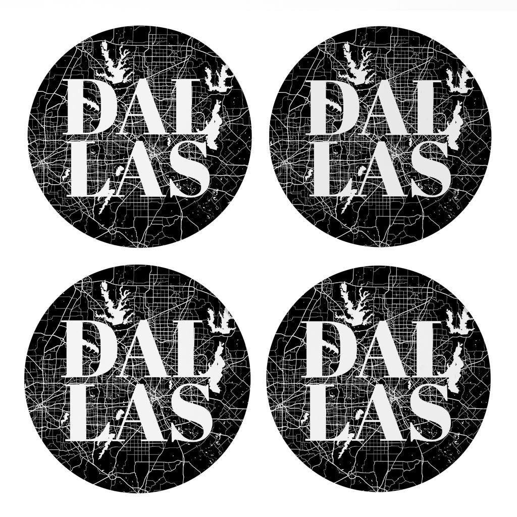 Modern Black Dallas Map | Absorbent Coasters | Set of 4 | Min 2