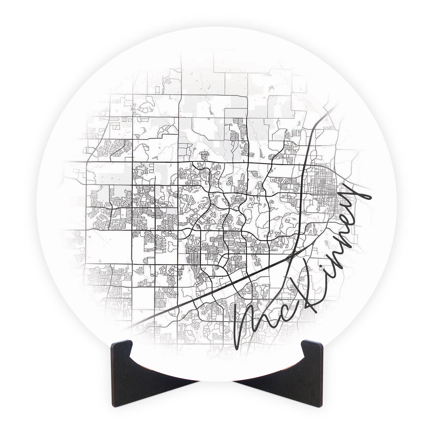 Minimalistic B&W Texas Mckinney Circle Map | Wood Sign | Eaches | Min 1