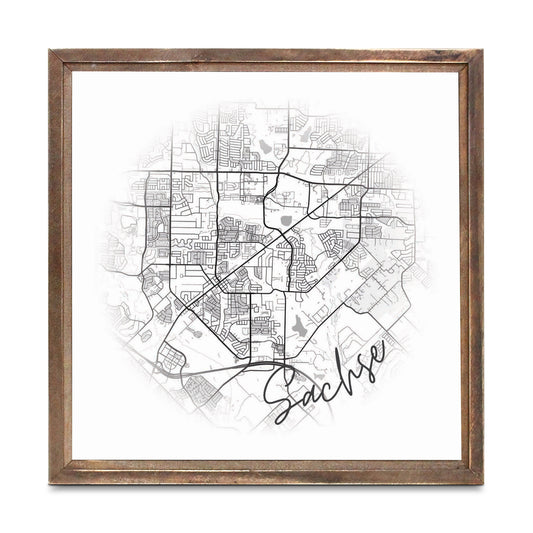 Minimalistic B&W Texas Sachse Circle Map | Wood Sign | Eaches | Min 1