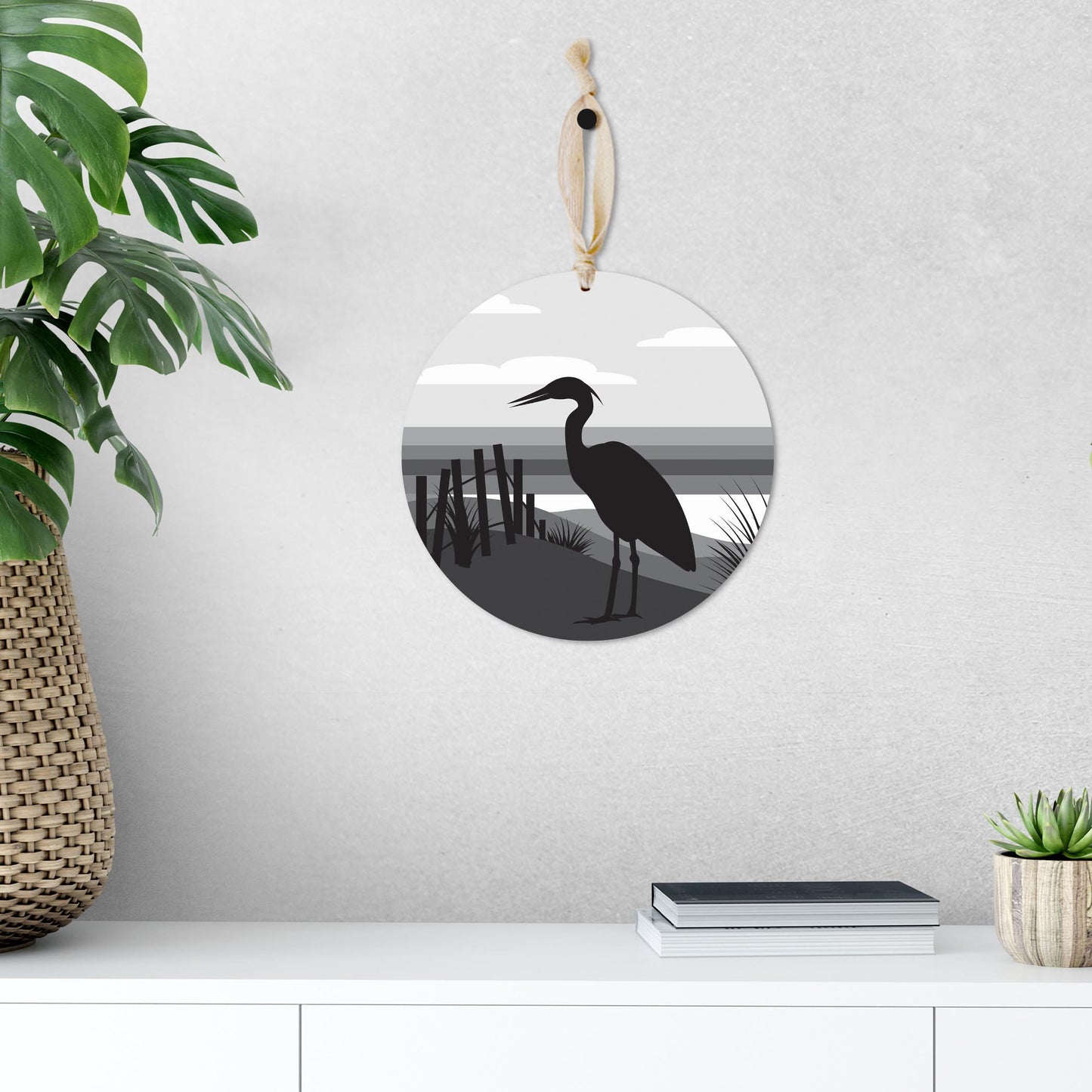 Minimalistic B&W Cape Cod Heron Illustration | Wood Ornament | Eaches | Min 1