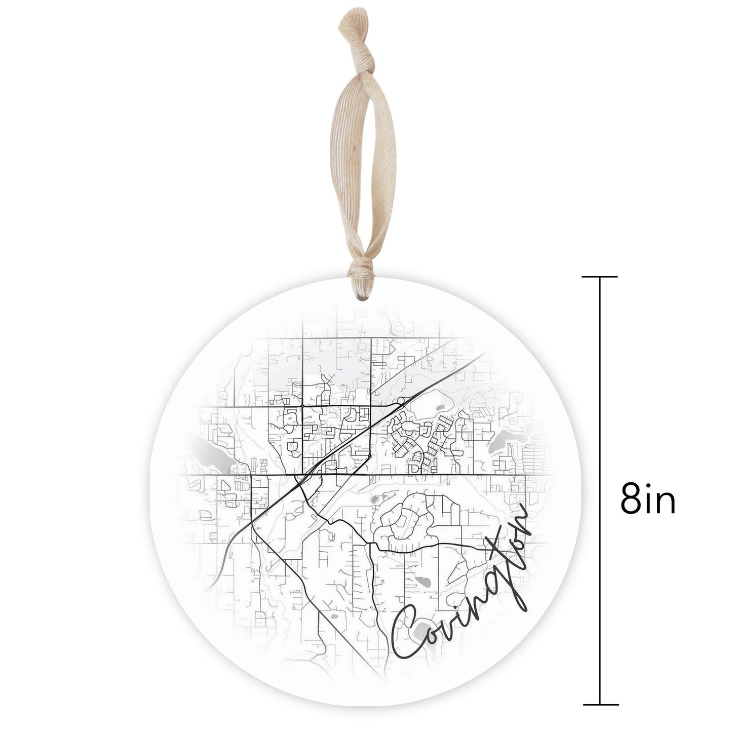 Minimalistic B&W Washington Covington Circle Map | Wood Ornament | Eaches | Min 1