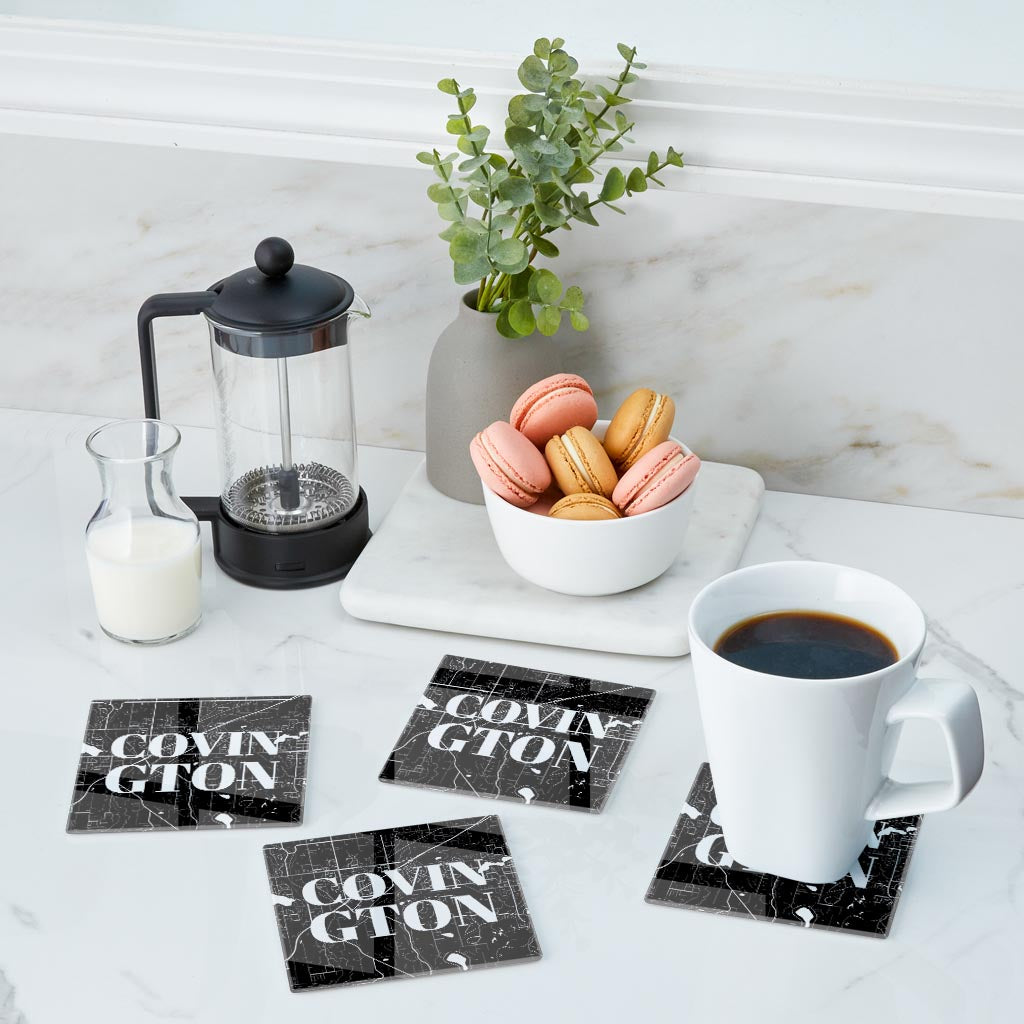 Minimalistic B&W Washington Covington Map | Hi-Def Glass Coasters | Set of 4 | Min 2