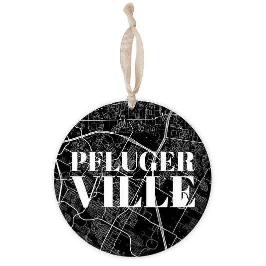 Minimalistic B&W Texas Pflugerville Map | Wood Ornament | Eaches | Min 1