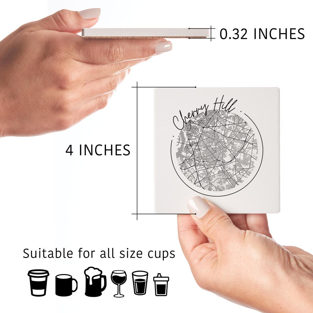 Minimalistic B&W New Jersey Cherry Hill Circle Map | Absorbent Coasters | Set of 4 | Min 2