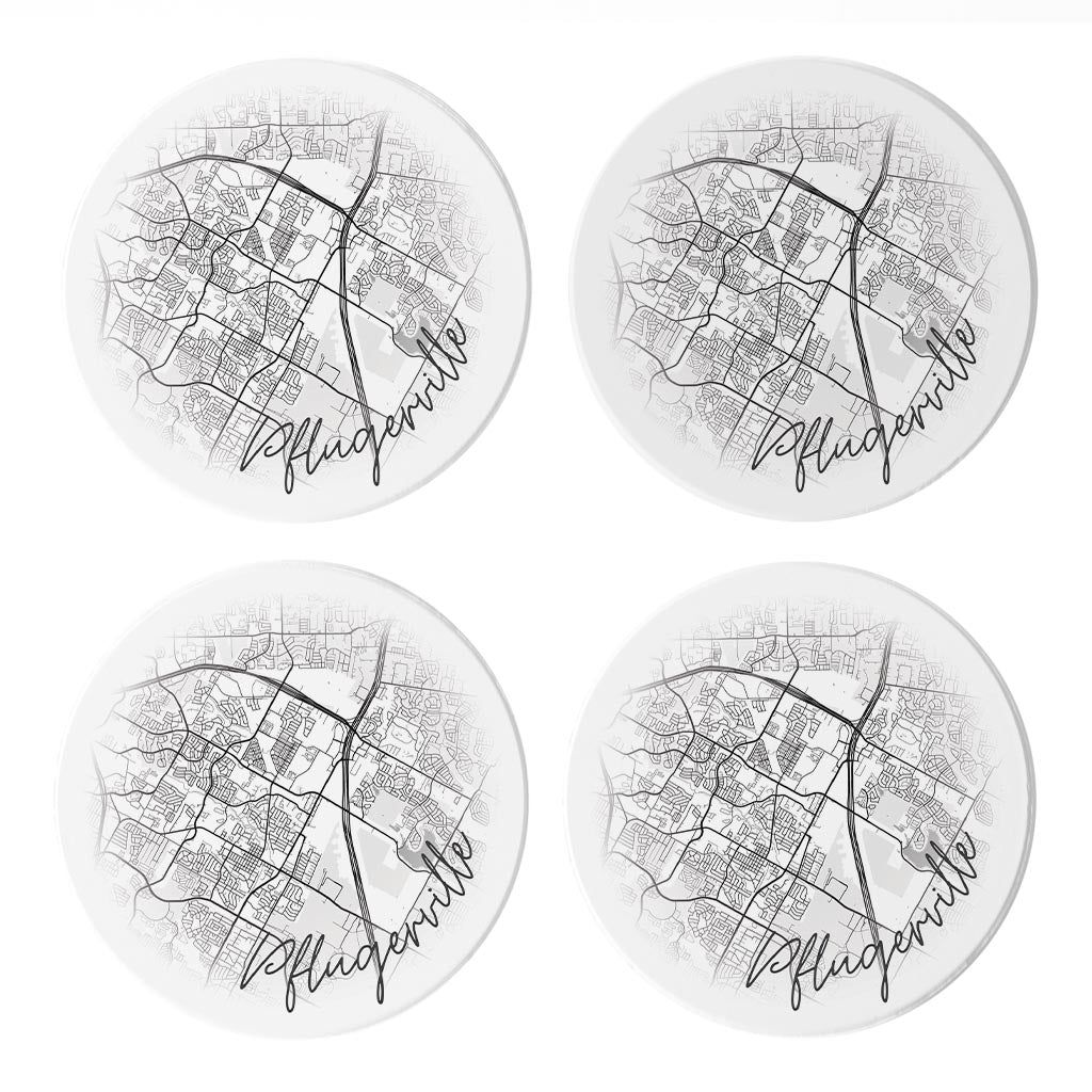 Minimalistic B&W Texas Pflugerville Circle Map | Absorbent Coasters | Set of 4 | Min 2