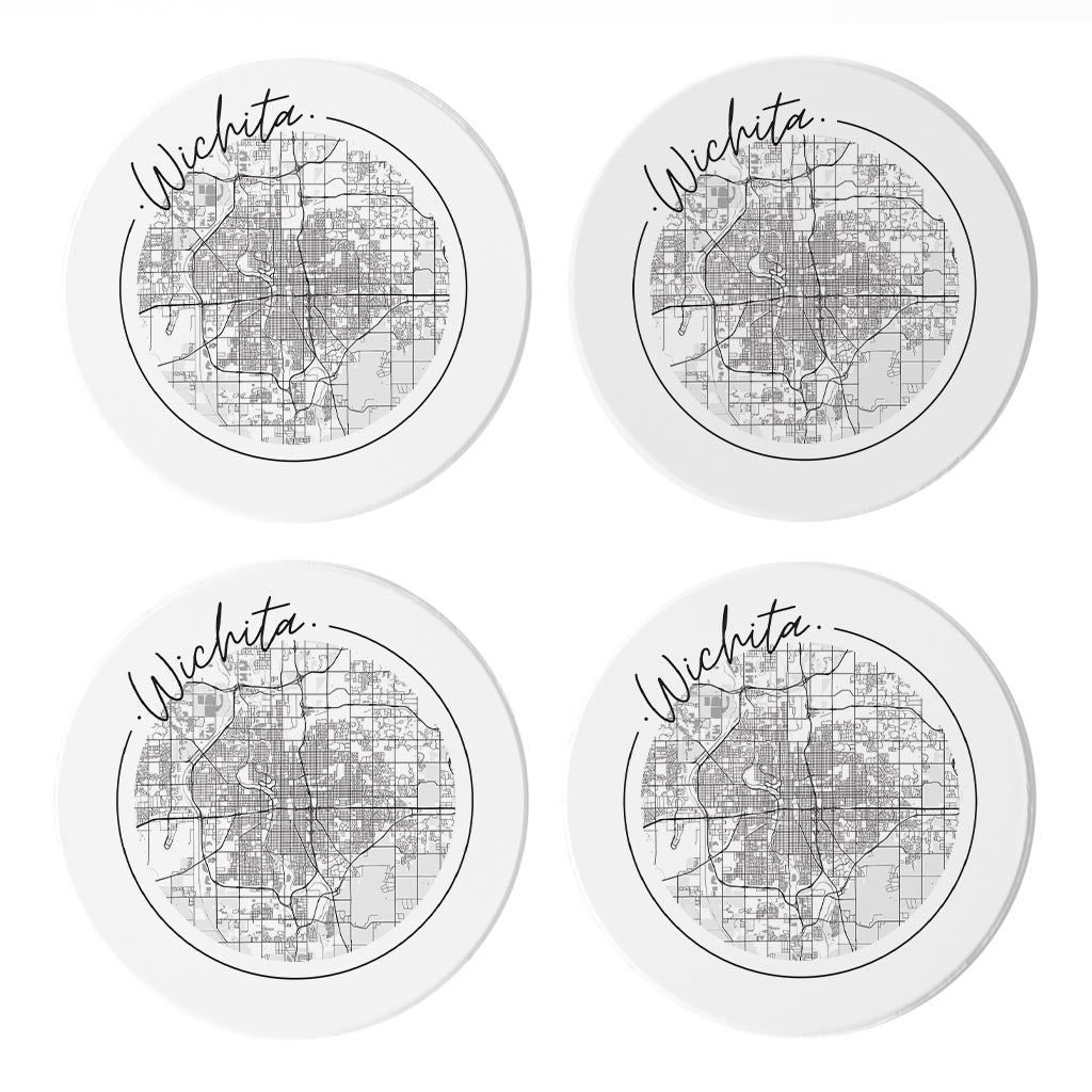 Minimalist B&W Kansas Wichita Circle Map | Absorbent Coasters | Set of 4 | Min 2