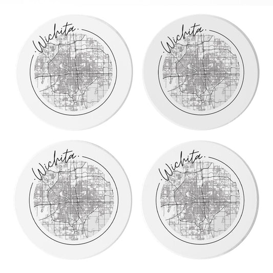 Minimalist B&W Kansas Wichita Circle Map | Absorbent Coasters | Set of 4 | Min 2