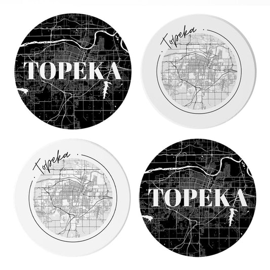 Minimalist B&W Kansas Topeka Maps | Absorbent Coasters | Set of 4 | Min 2