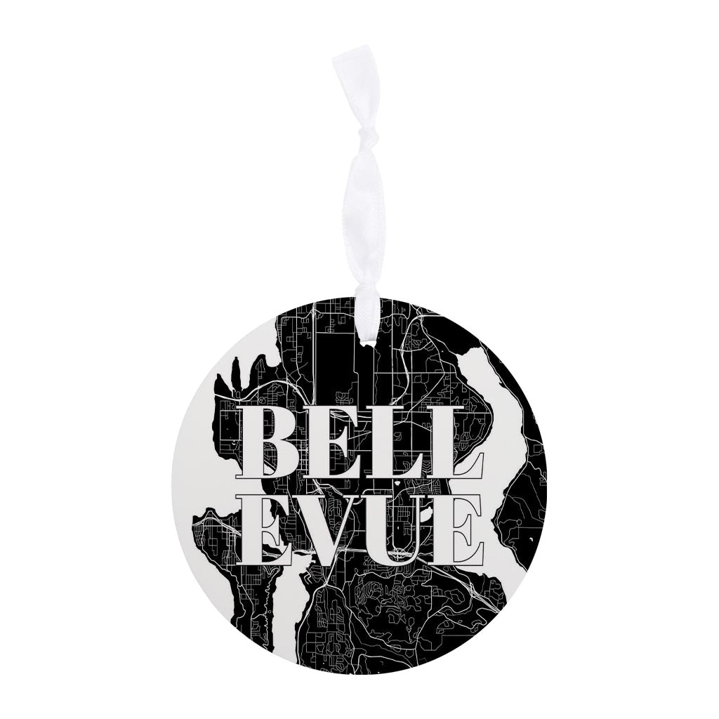 Minimalistic B&W Washington Bellevue Map | Wood Ornament | Eaches | Min 6