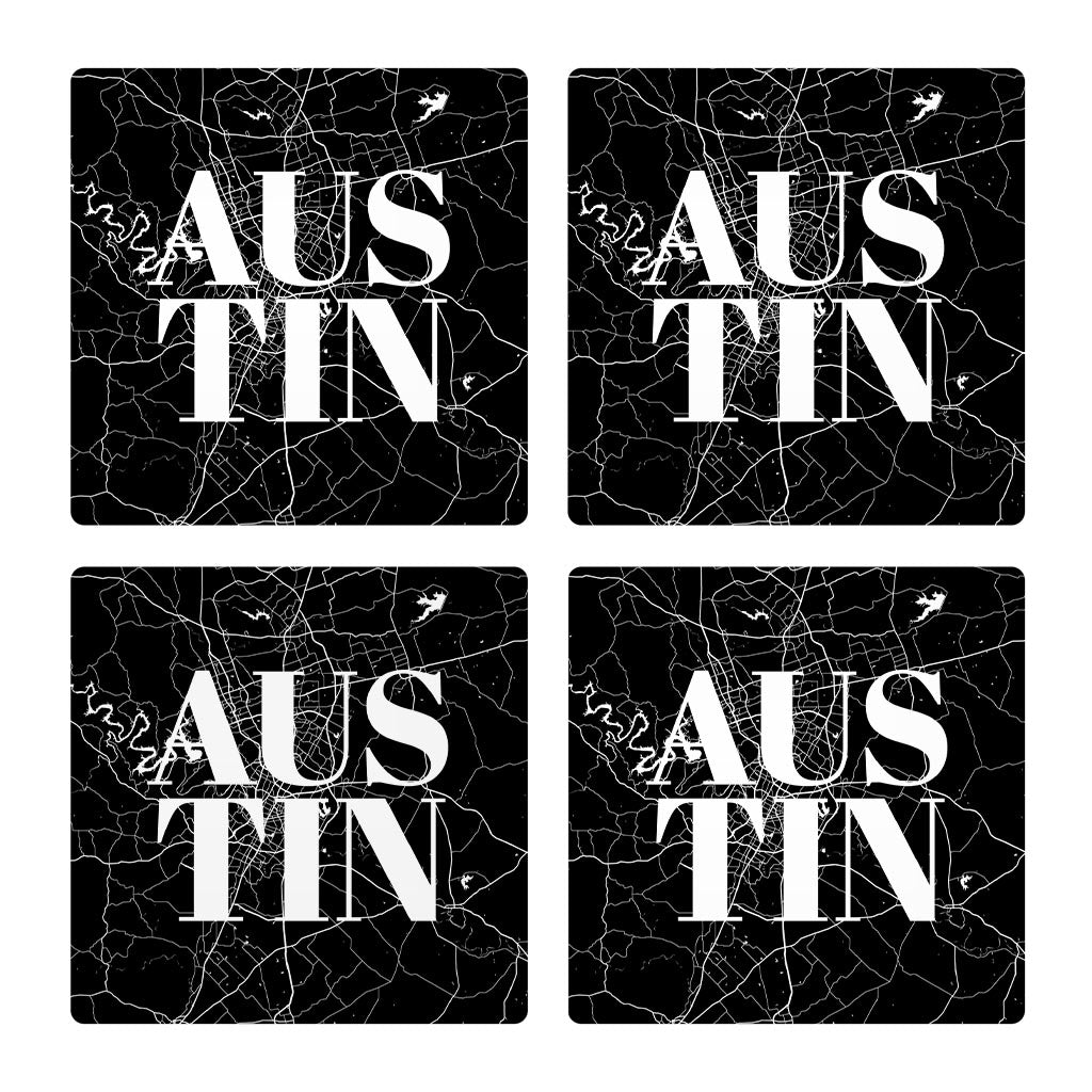 Modern Black Austin Map | Absorbent Coasters | Set of 4 | Min 2