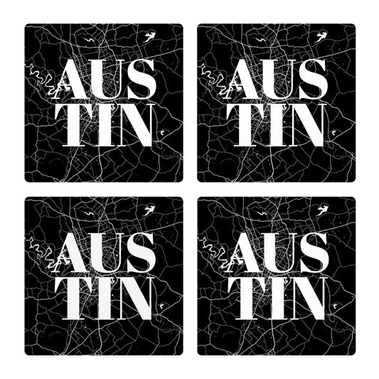 Modern Black Austin Map | Absorbent Coasters | Set of 4 | Min 2