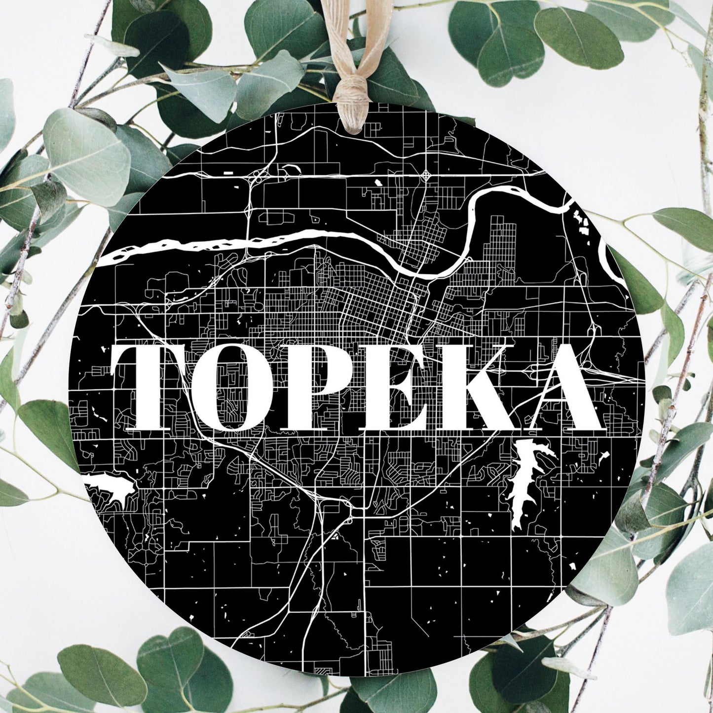 Minimalist B&W Kansas Topeka Map | Wood Ornament | Eaches | Min 1