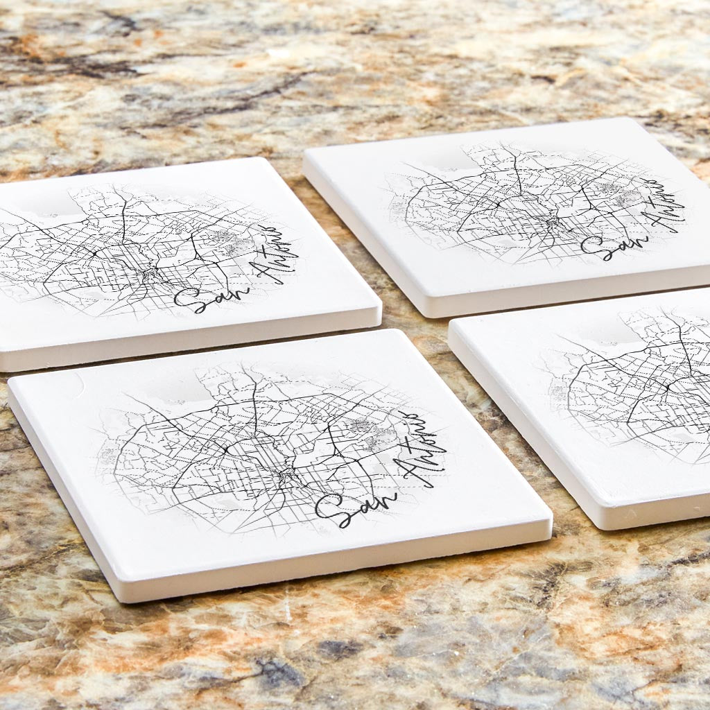 Minimalistic B&W Texas San Antonio Circle Map | Absorbent Coasters | Set of 4 | Min 2