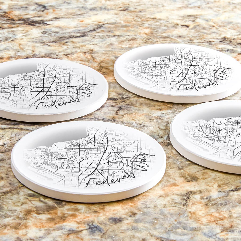 Minimalistic B&W Washington Federal Way Circle Map | Absorbent Coasters | Set of 4 | Min 2