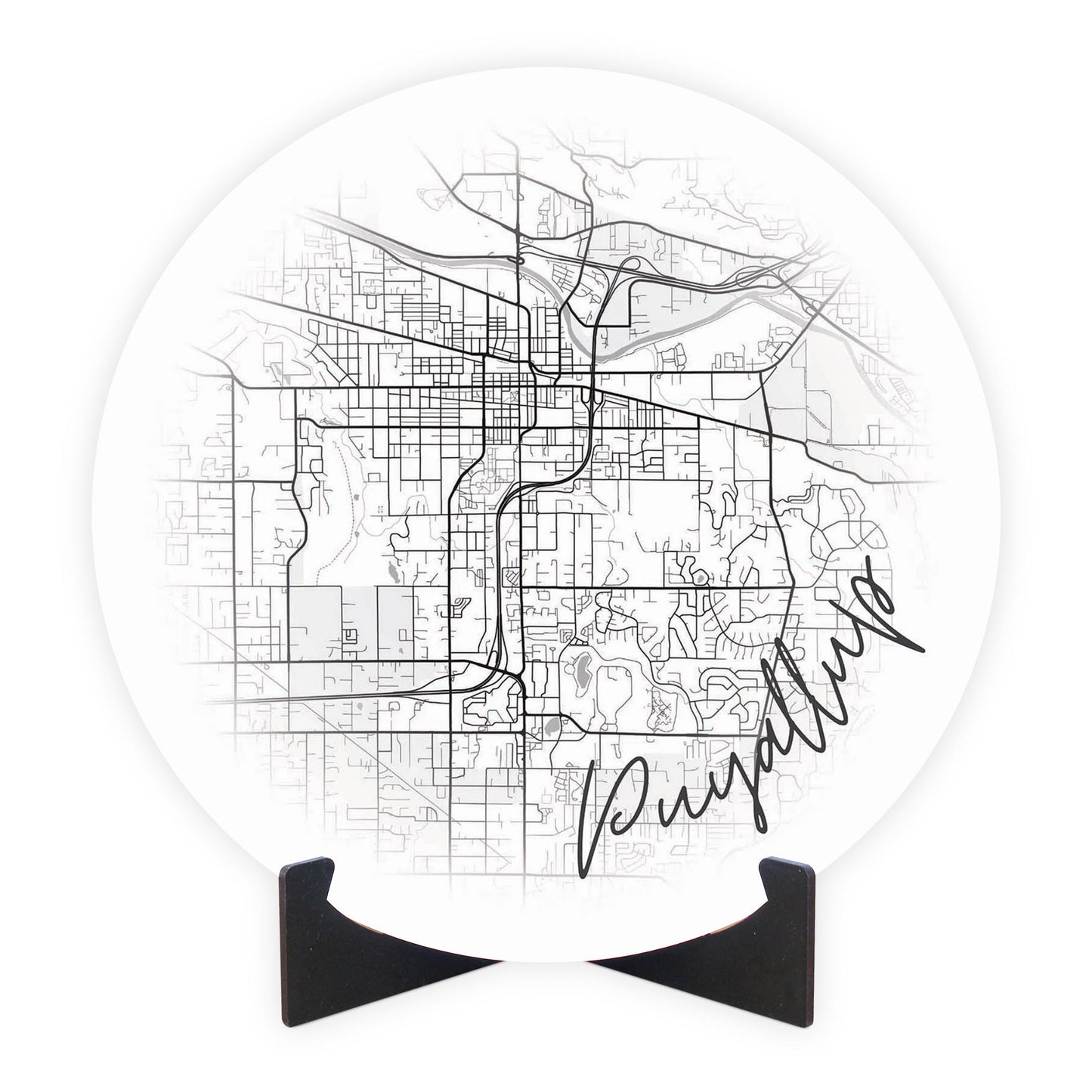 Minimalistic B&W Washington Puyallup Circle Map | Wood Sign | Eaches | Min 1